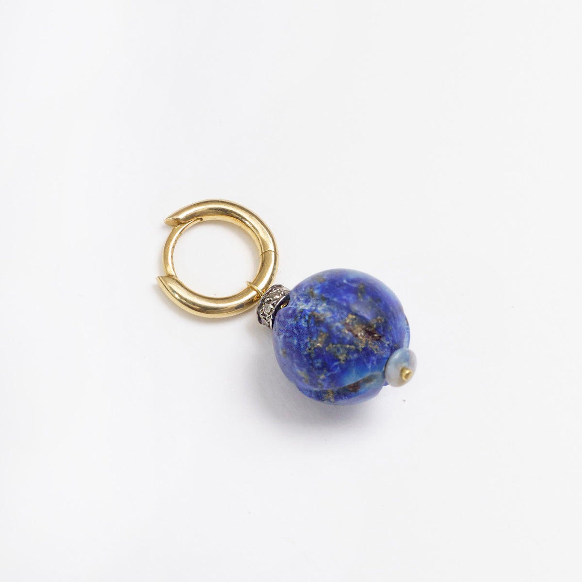 Antique Lapis Lazuli bead attached to a solid 18ct gold hoop earring, featuring a mini opal bead and diamond-set rondelle.