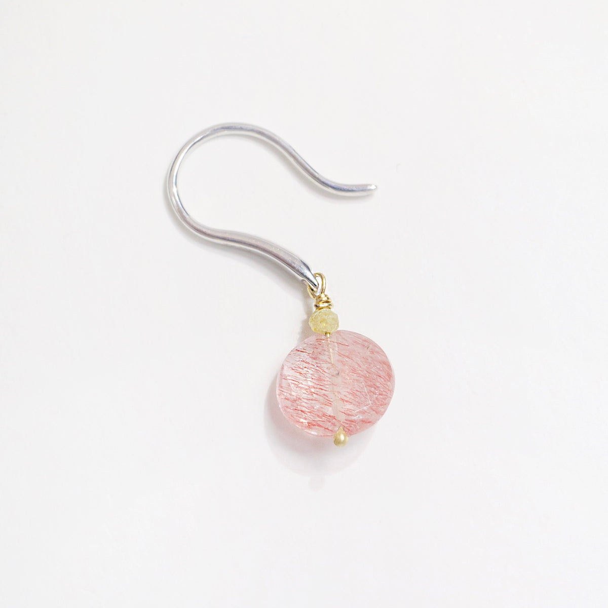 Strawberry Quartz coin drop earrings with white gold hooks and tiny yellow diamond beads for added sparkle.