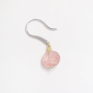 Strawberry Quartz coin drop earrings with white gold hooks and tiny yellow diamond beads for added sparkle.