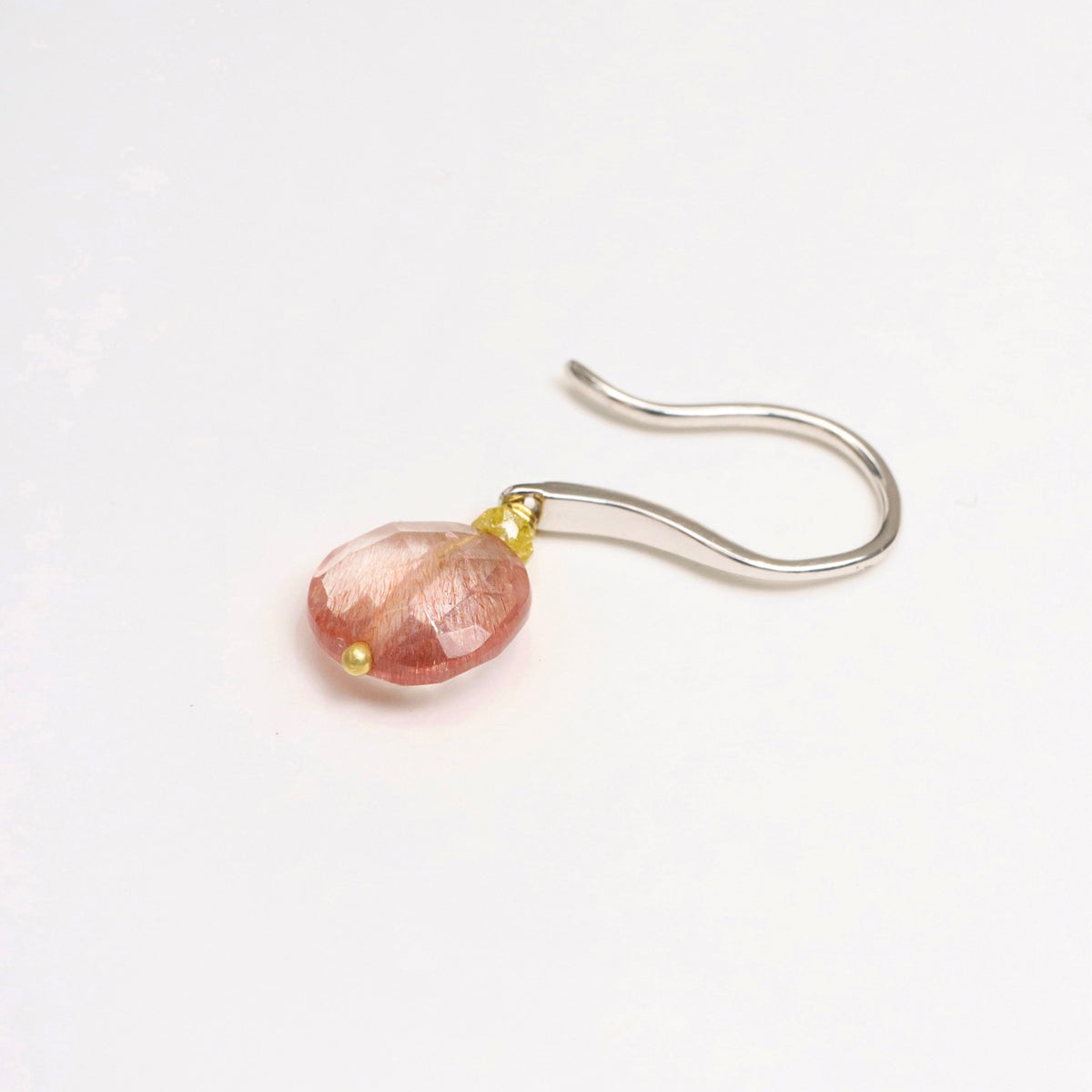 Strawberry Quartz drop earring featuring white gold hook and tiny canary yellow diamond bead accents.