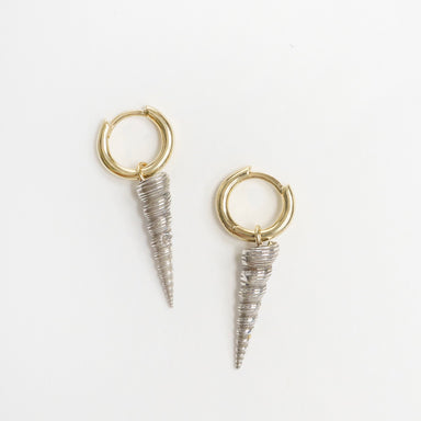 Sterling silver and 9ct yellow gold earrings featuring shell-shaped drops with a sleek, spiraled design.