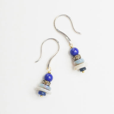Mini stack earrings featuring blue lapis lazuli, grey opal, blue sapphire, and diamond rondelle beads.