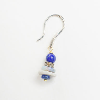 Cool-toned earrings featuring a stack of lapis lazuli, grey opal, blue sapphire, and diamond, set in 9ct white gold.