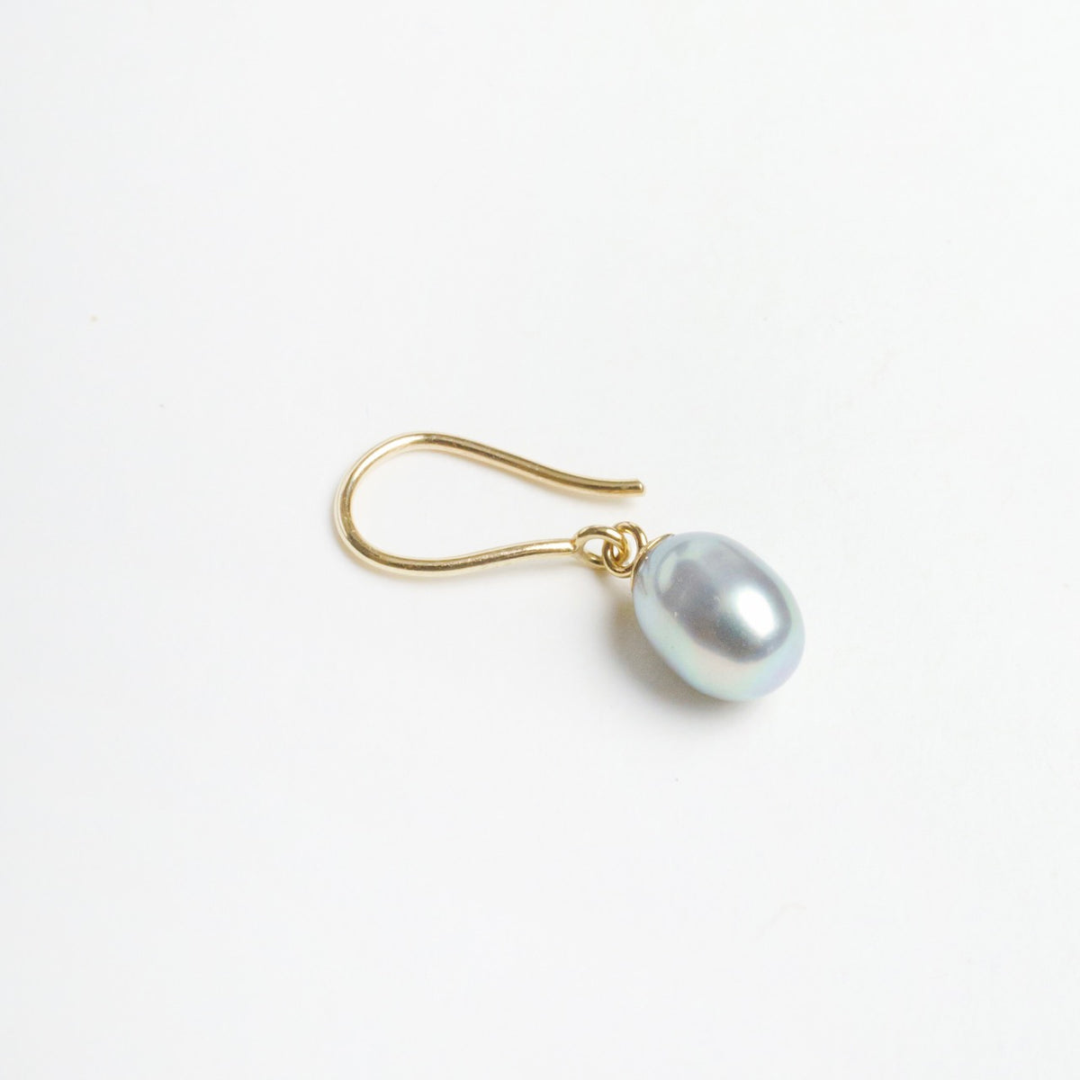 Silver Egg Drop Earrings feature a silvery lavender teardrop pearl hanging from a 9ct yellow gold hook.