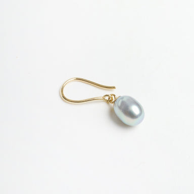 Silver Egg Drop Earrings feature a silvery lavender teardrop pearl hanging from a 9ct yellow gold hook.