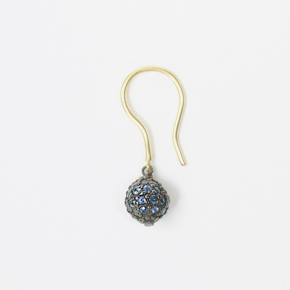Sapphire Stardust Drop Earrings with a round blue sapphire bead, set in blackened sterling silver and yellow gold.