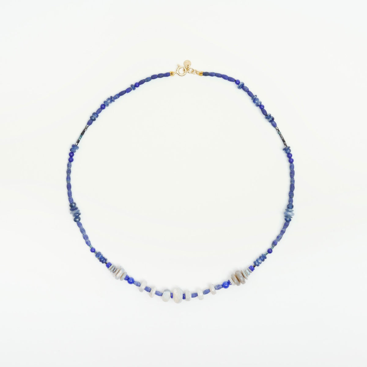 Hand-knotted choker featuring unpolished and polished lapis lazuli, grey opals, and a 9ct yellow gold clasp.