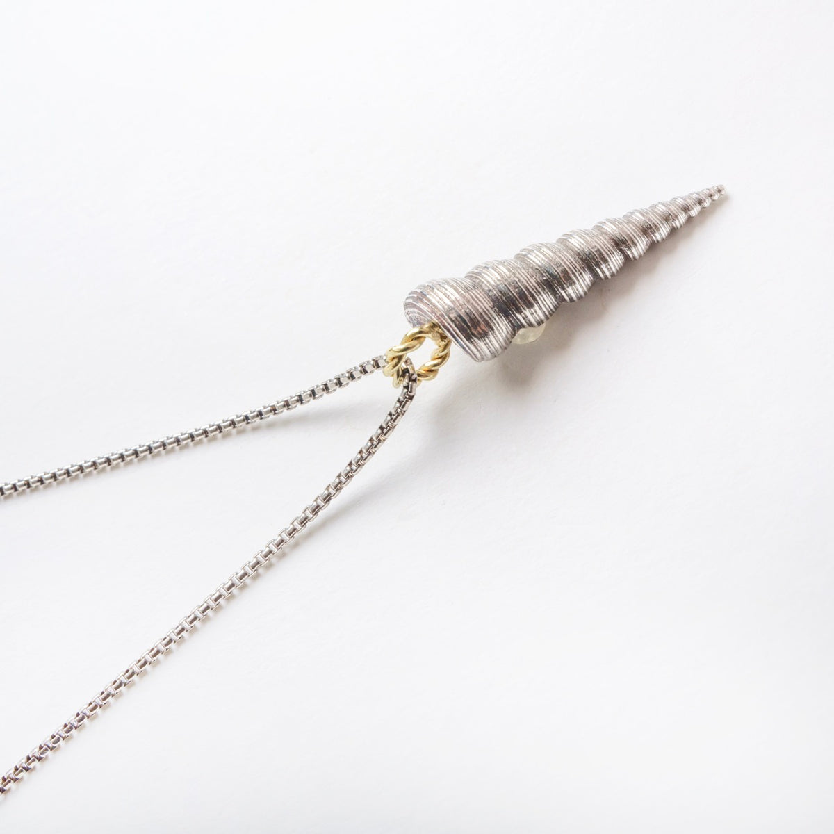 Large Larrakia shell pendant in solid silver with a handmade 18ct yellow gold link on a blackened silver chain.