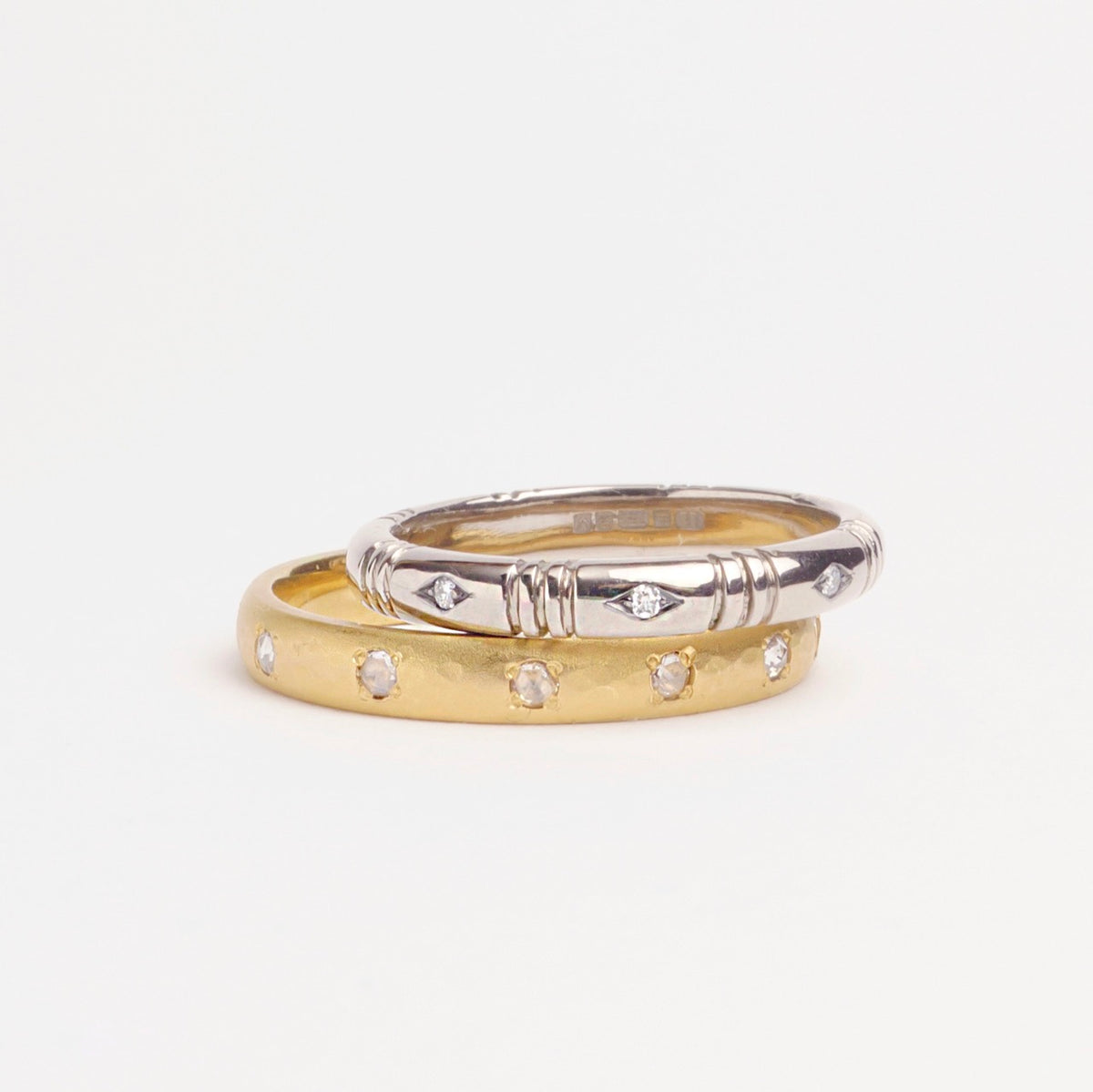 Eternity ring in 22ct gold featuring rose-cut diamonds, 3mm wide band, showcasing subtle sparkle and elegant design.