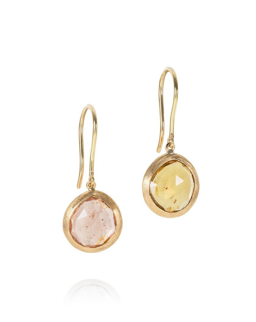 Mismatched Peachy & Olive Tourmaline Drop Earrings